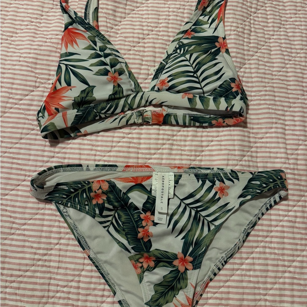 Aeropostale White Tropical Print Bikini with Green Leaves and Coral Flowers